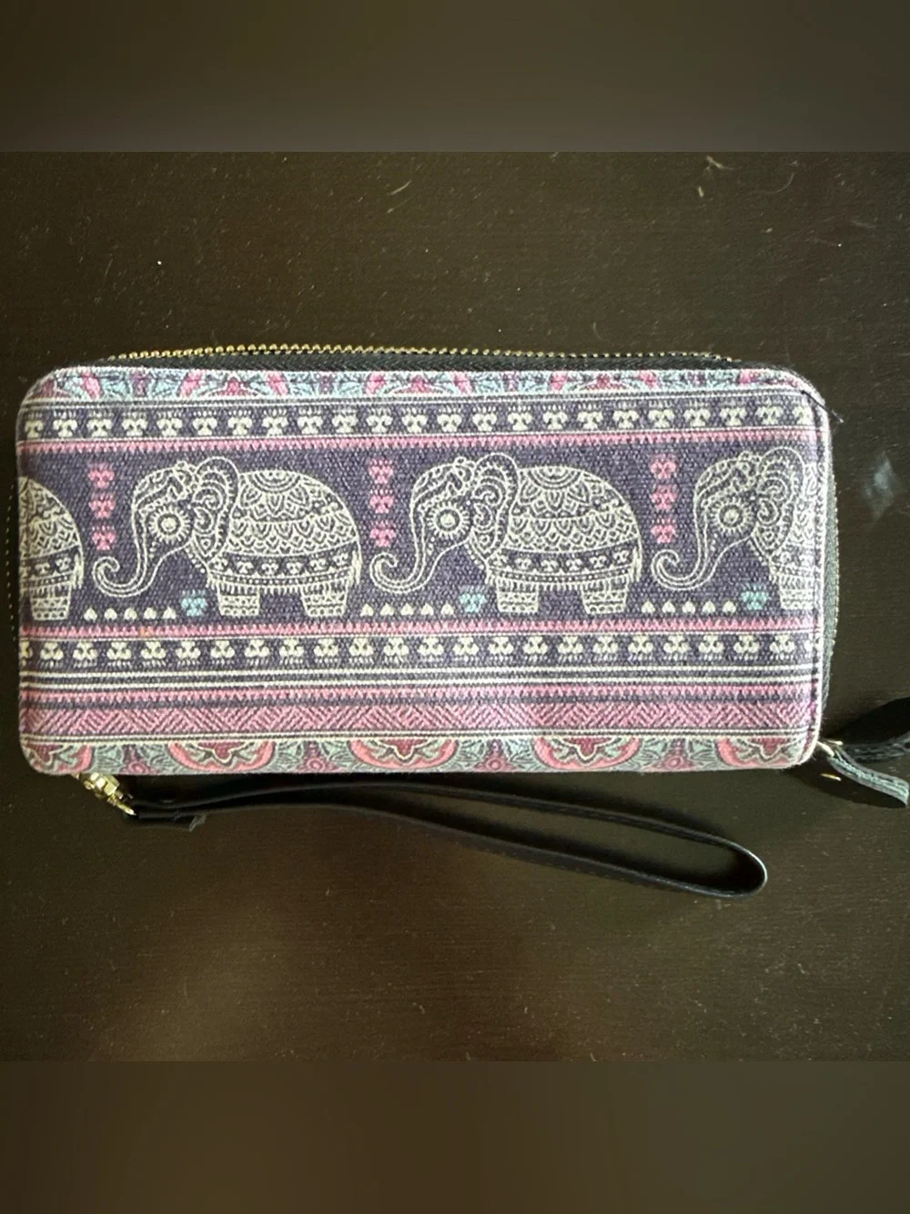 Elephant Print Wristlet Wallet in Purple and Pink Canvas